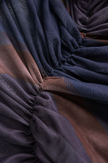 Tie-Dye Print Mesh Ruched Long Sleeve Maxi Dress