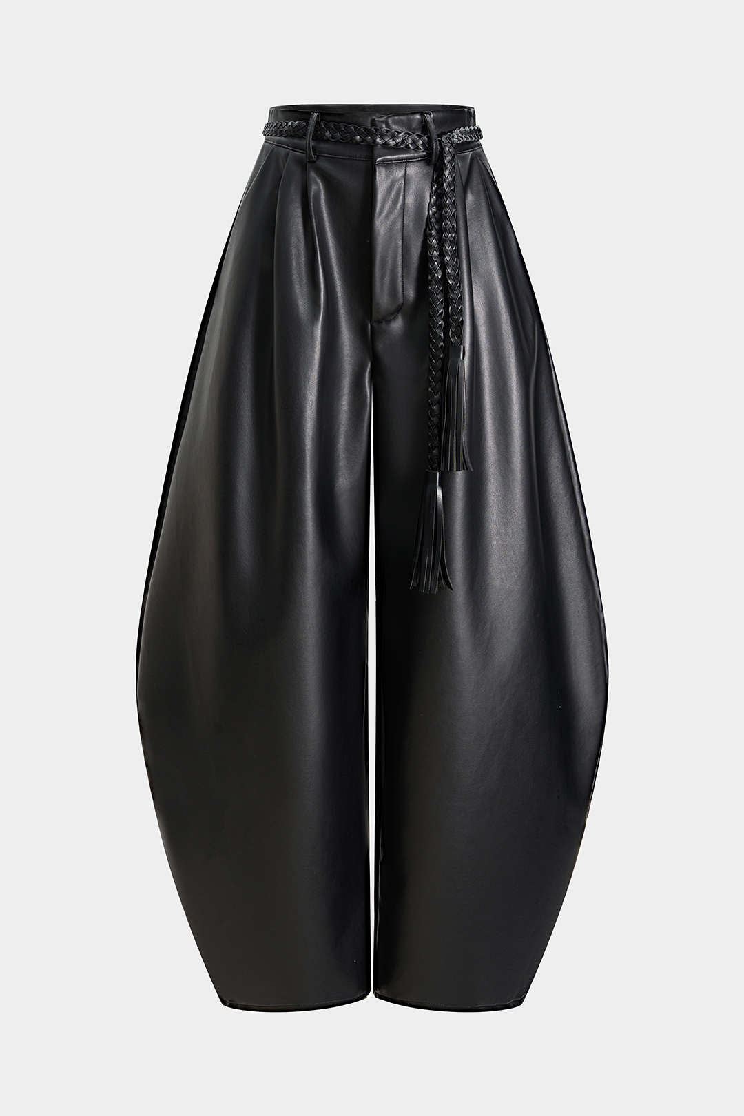 Faux Leather Braided Belted High Waist Barrel Trousers