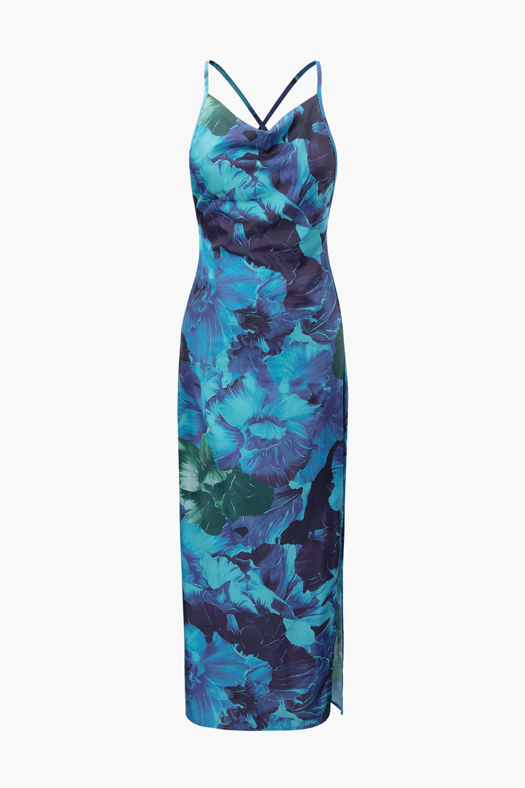 Floral Print Cowl Neck Cross Back Maxi Dress