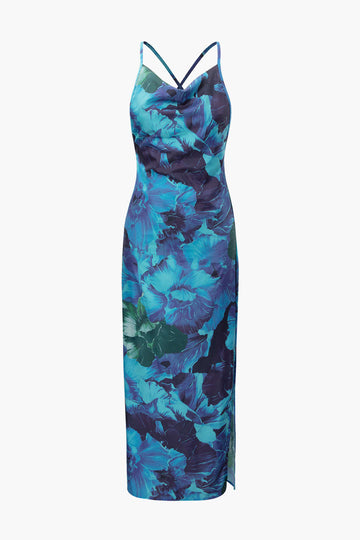 Floral Print Cowl Neck Cross Back Maxi Dress