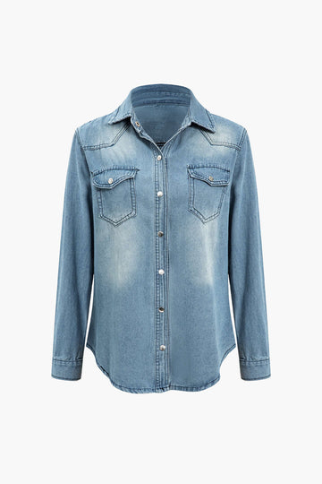 Denim solidu Button Up Qmis tal-but