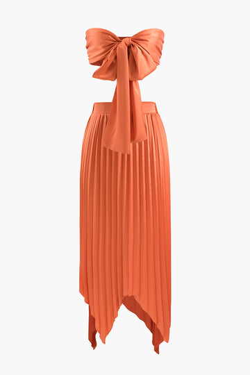 Knot Front Tube Top And Asymmetric Pleated Skirt Set