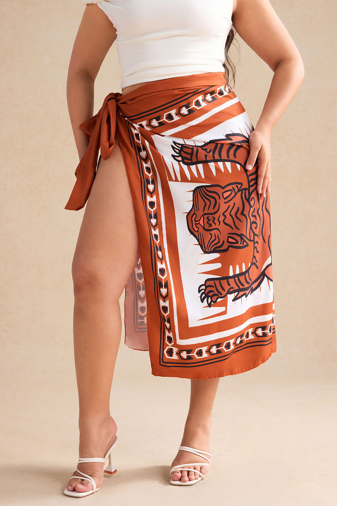 Plus Size Tiger Print Knotted Wrap Skirt