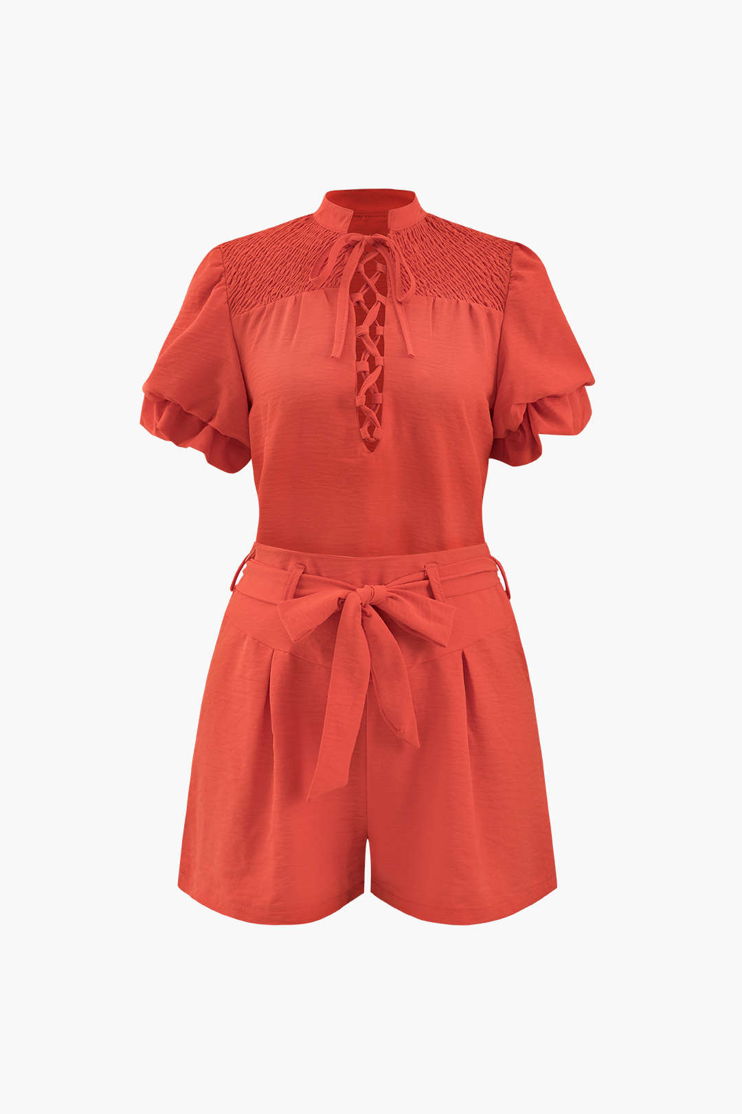 Puff Sleeve Tie Front Blouse And Drawstring Shorts Set