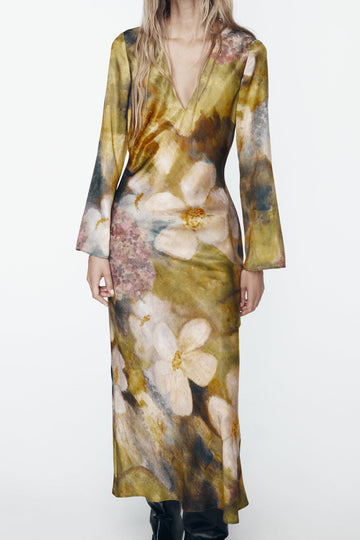 Floral Print V-neck Long Sleeve Maxi Dress