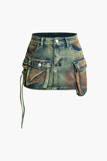 Distressed Flap Pocket Denim Mini Skirt