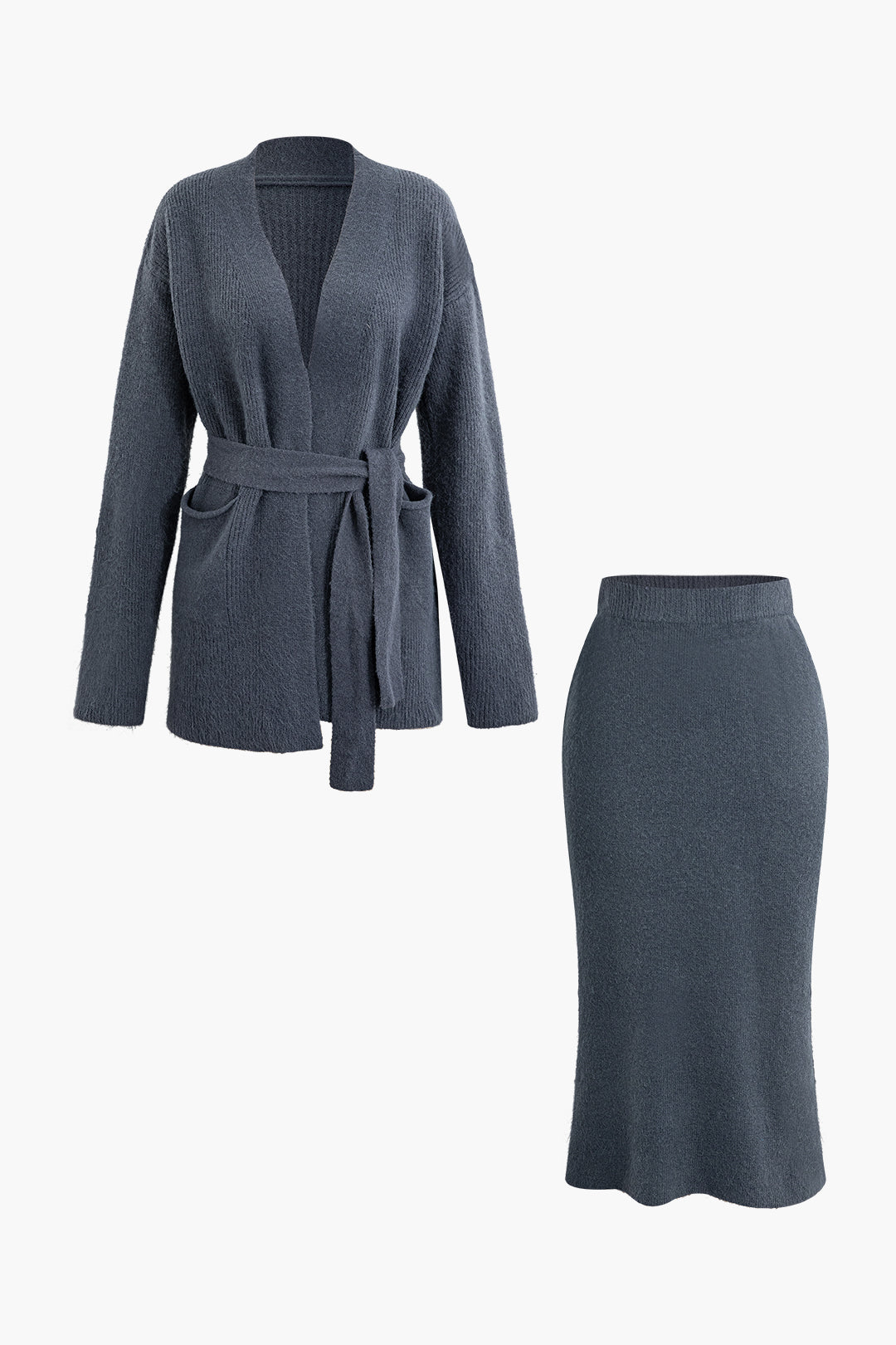 Solid Pocket Tie Knit Cardigan And Midi Skirt Set