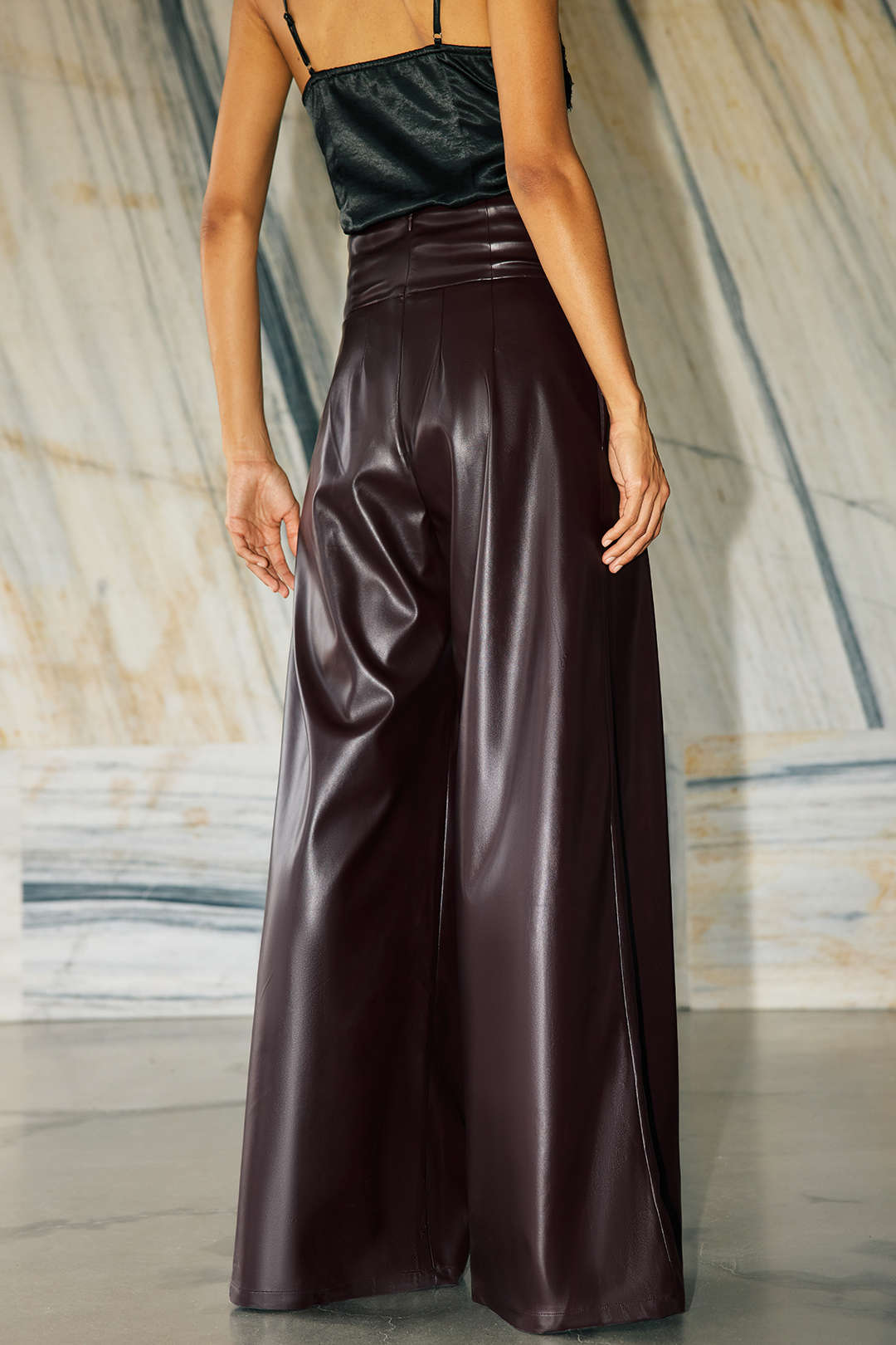 Faux Leather Ruched Wide Leg Pants