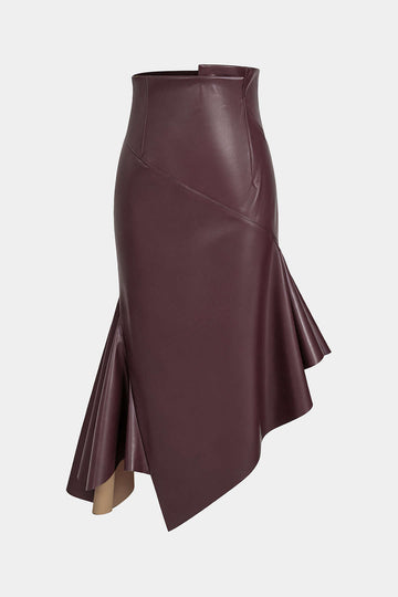Faux Leather Asymmetrical Hem Ruched Skirt