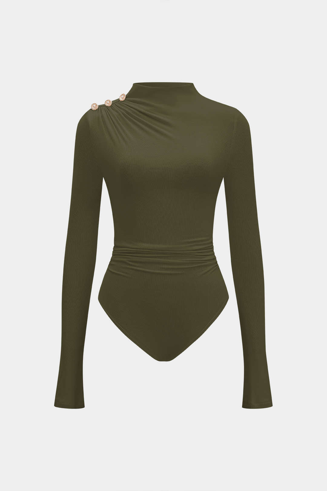 Asymmetrical Button Ruched Long Sleeve Bodysuit