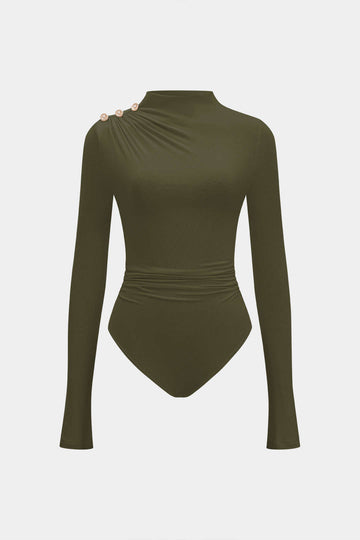 Asymmetrical Button Ruched Long Sleeve Bodysuit