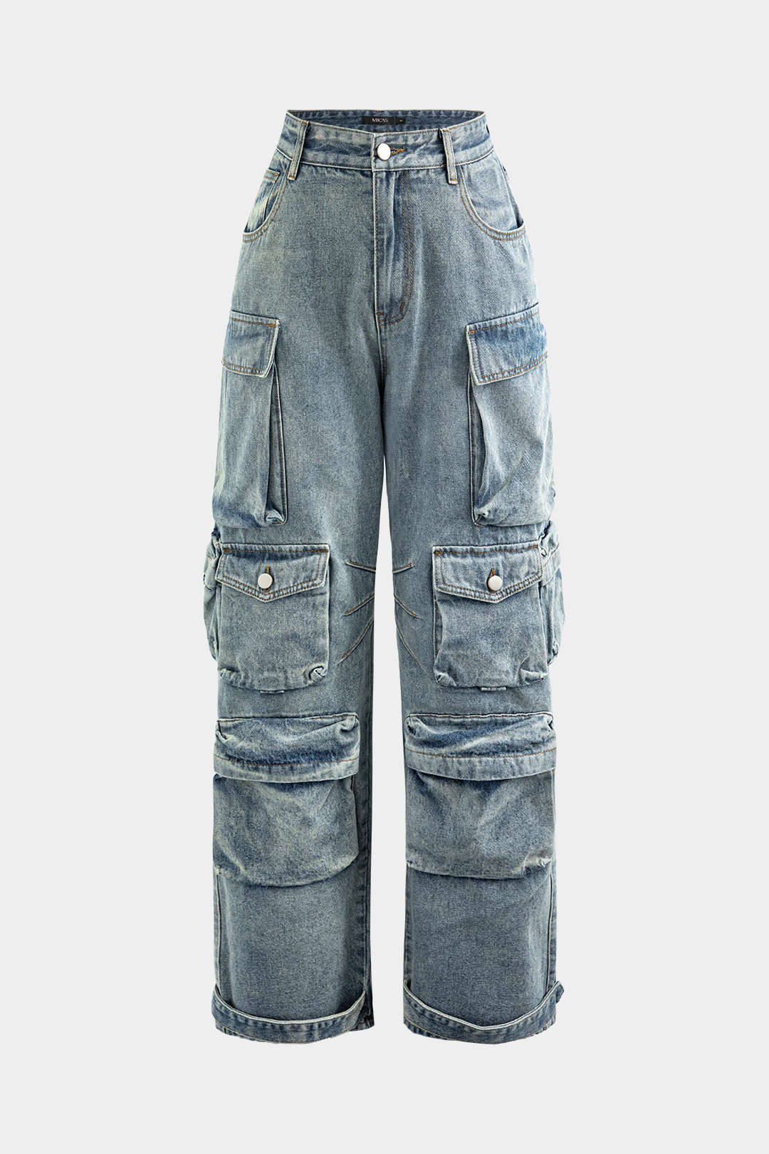 Multi Pocket Rolled Hem Wide Leg Cargo Jeans