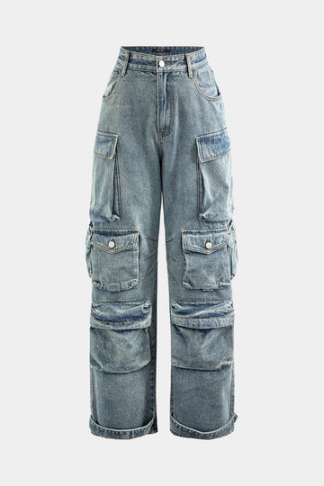 Multi Pocket Rolled Hem Wide Leg Cargo Jeans