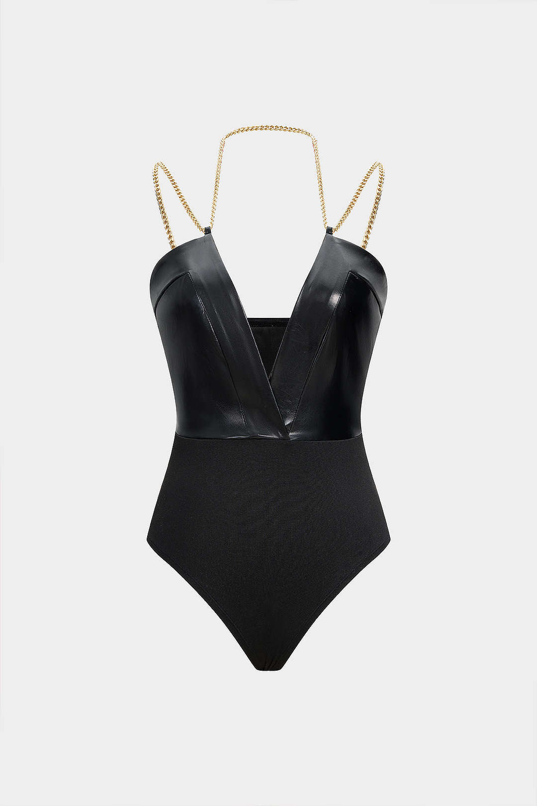 Faux Leather Chain Patchwork Sleeveless V-Neck Bodysuit