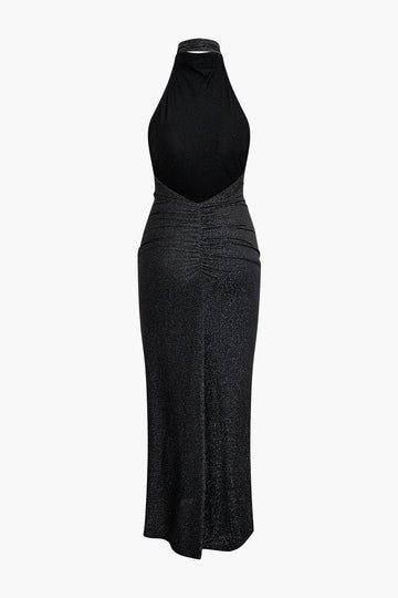 Halter Backless Ruched Maxi Dress
