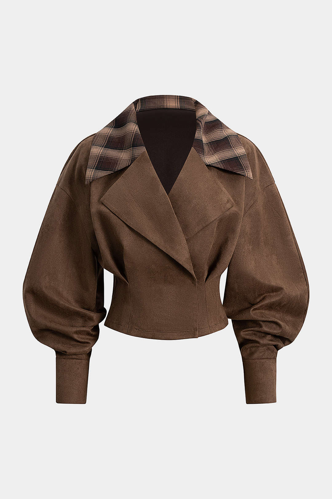 Suede Patchwork Notched Lapel Long-Sleeve Top