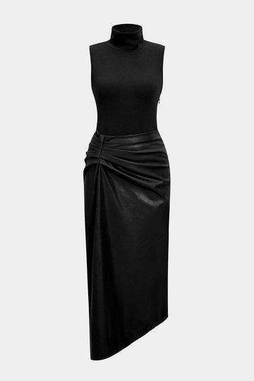 Faux Leather Patchwork High Neck Pleated Sleeveless Maxi Dress