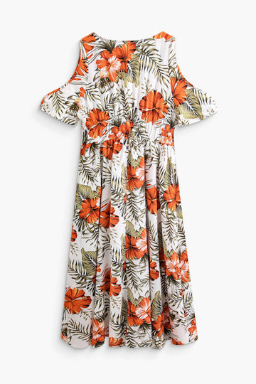Plus Size Floral Print Cold Shoulder Slit Maxi Dress