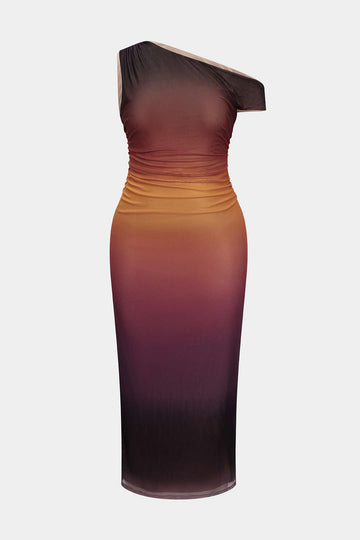 Plus Size Ombre Print Mesh Asymmetrical Sleeveless Maxi Dress