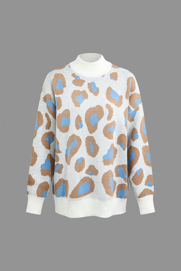 Leopard Pattern Mock Neck Ribbed Trim Sweater