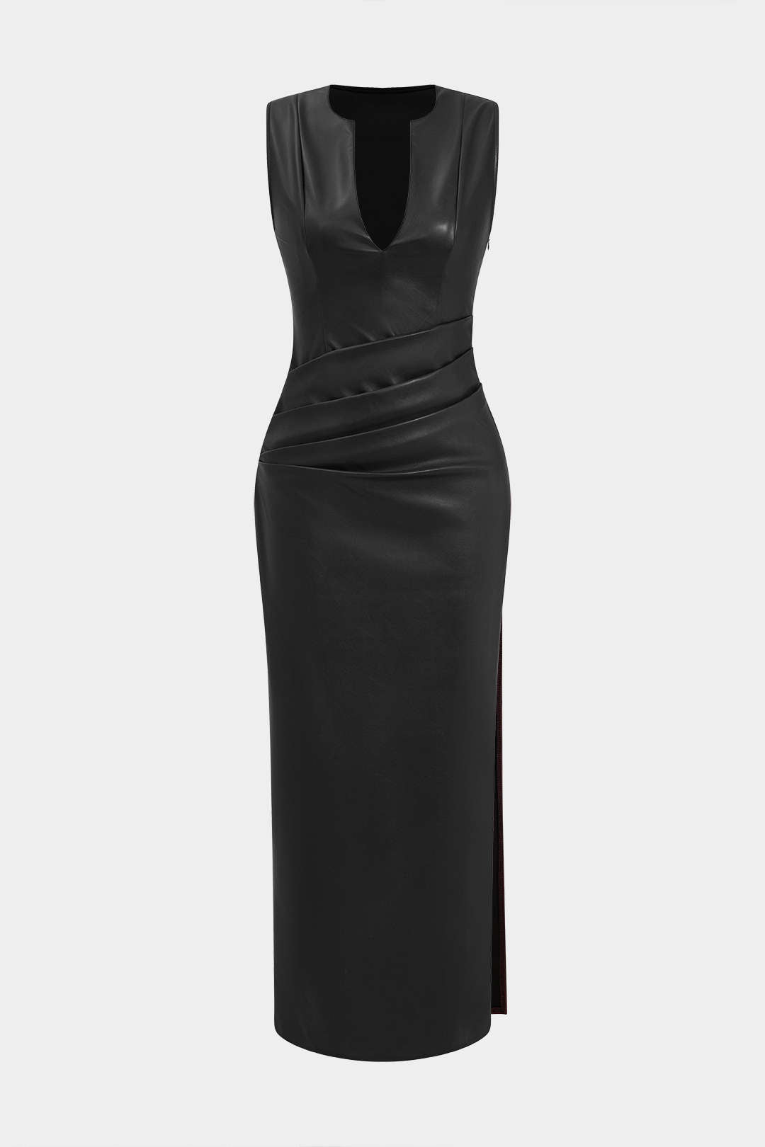 Faux Leather V-neck Ruched Maxi Dress