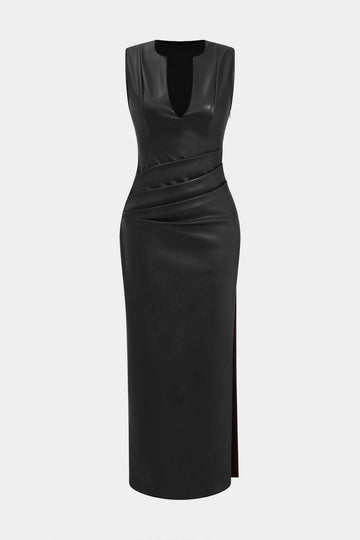 Faux Δερμάτινο V-Neck Ruched Maxi Φόρεμα