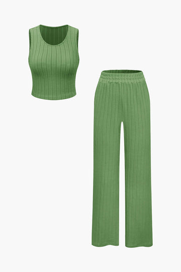 Basic Solid Knit Tank Top And High Waist Pants Set