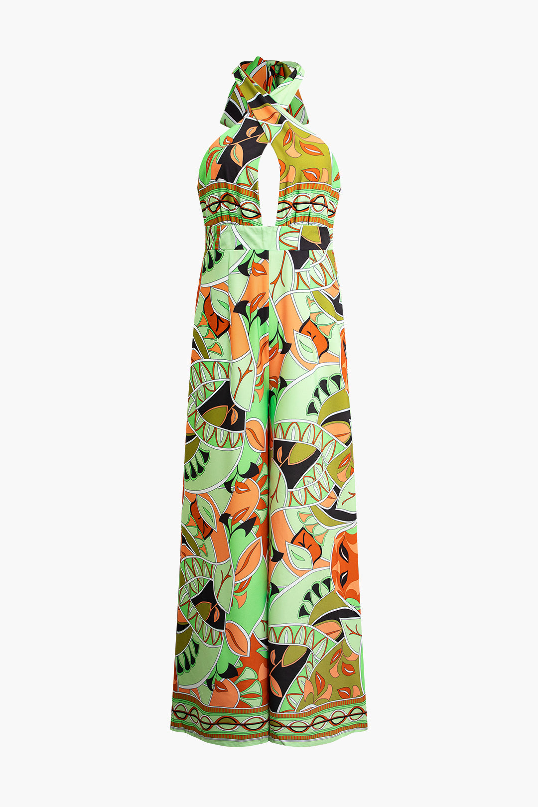 Abstract Print Cross Halter Cut Out Backless Jumpsuit