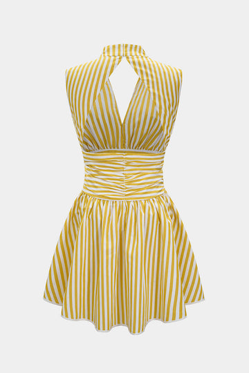 Stripes Print Halter Neck Shirred Backless Sleeveless Mini Dress