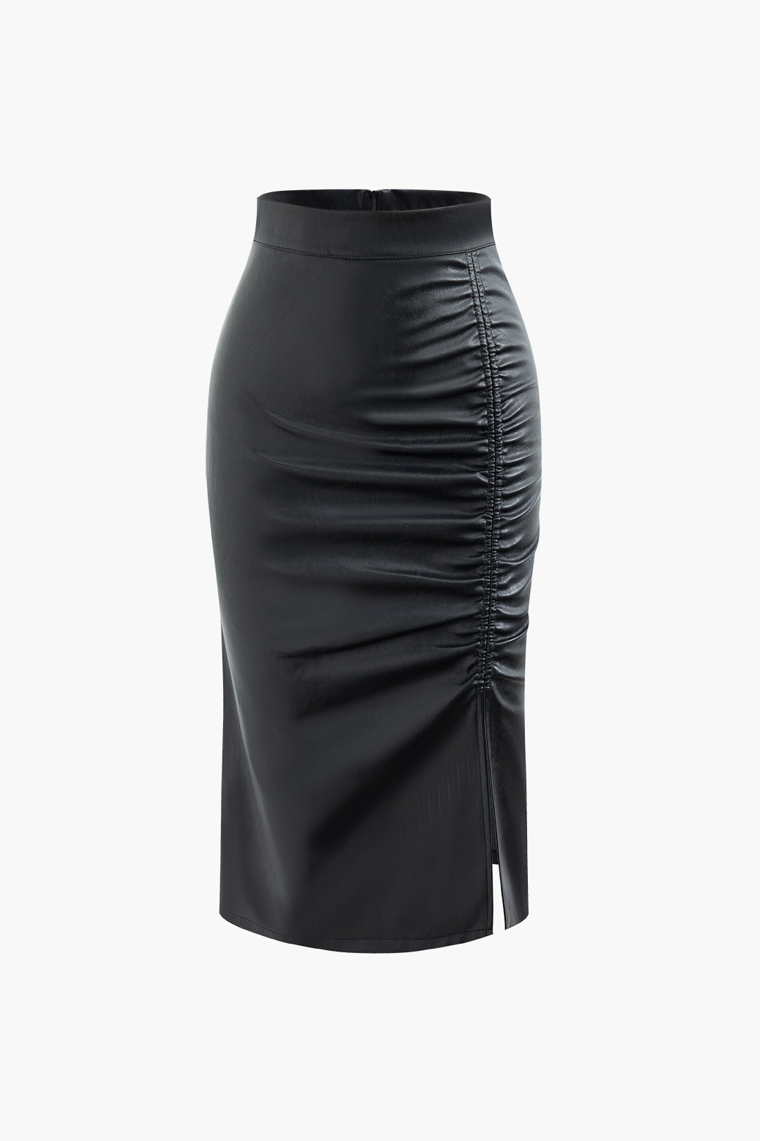 Faux Leather Ruched Split Midi Skirt