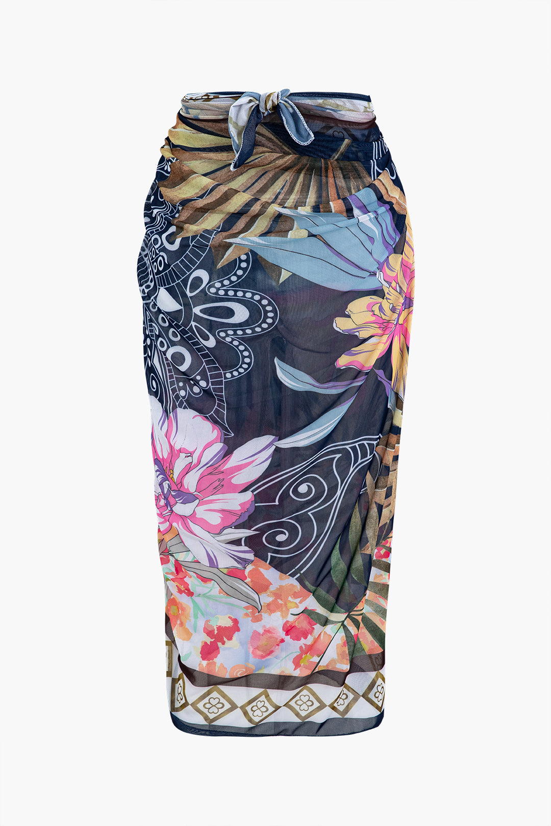 Floral Print Mesh Wrap Skirt