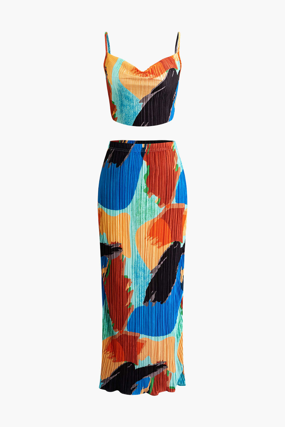 Color Block Plisse Crop Cami Top And Skirt Set