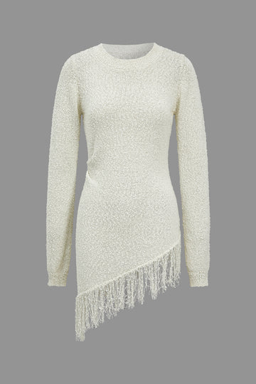 Solid Sweater Fringe Asymmetrisk långärmad topp