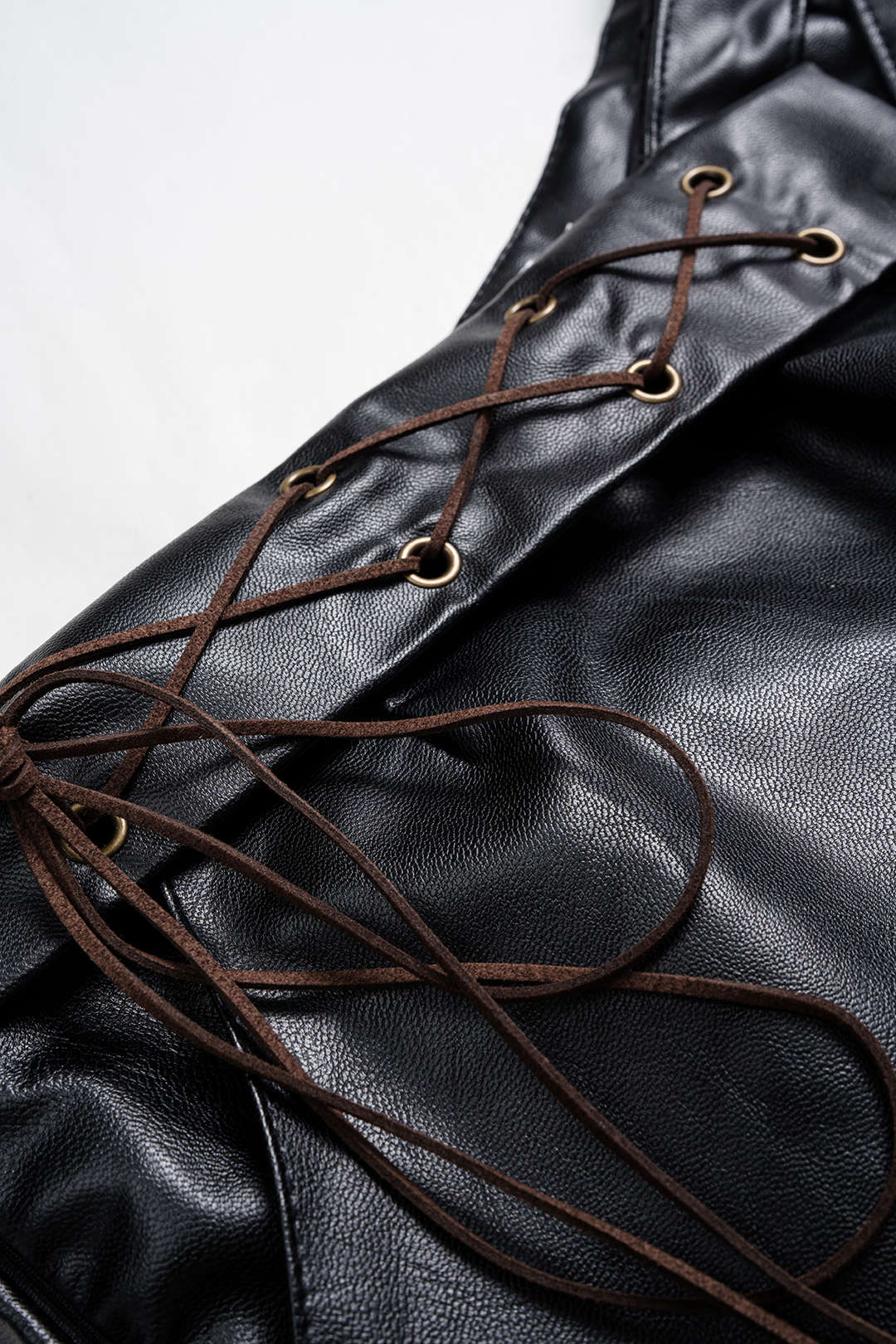 Color Block Plaid Print Faux Leather Patchwork Tie-Up Asymmetrical Pocket Skirt