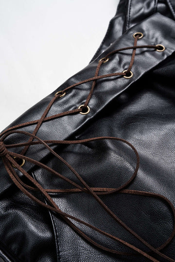 Color Block Plaid Print Faux Leather Patchwork Tie-Up Asymmetrical Pocket Skirt