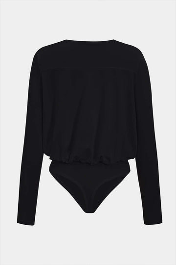 Ruched V-Neck Long Sleeve Bodysuit