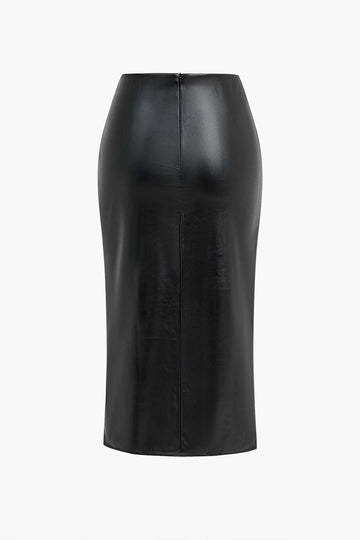 Solid Faux Leather Ruched Ring Split Skirt