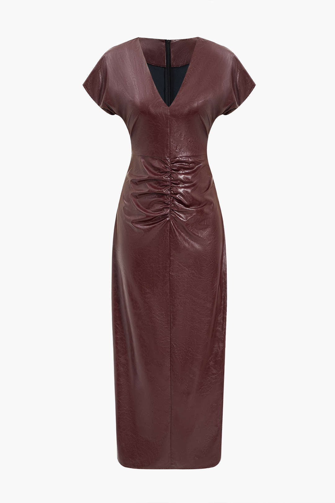 Robe midi à col en V en cuir en cuir en faux