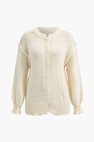 Knit Button Round Neck Long Sleeve Cardigan