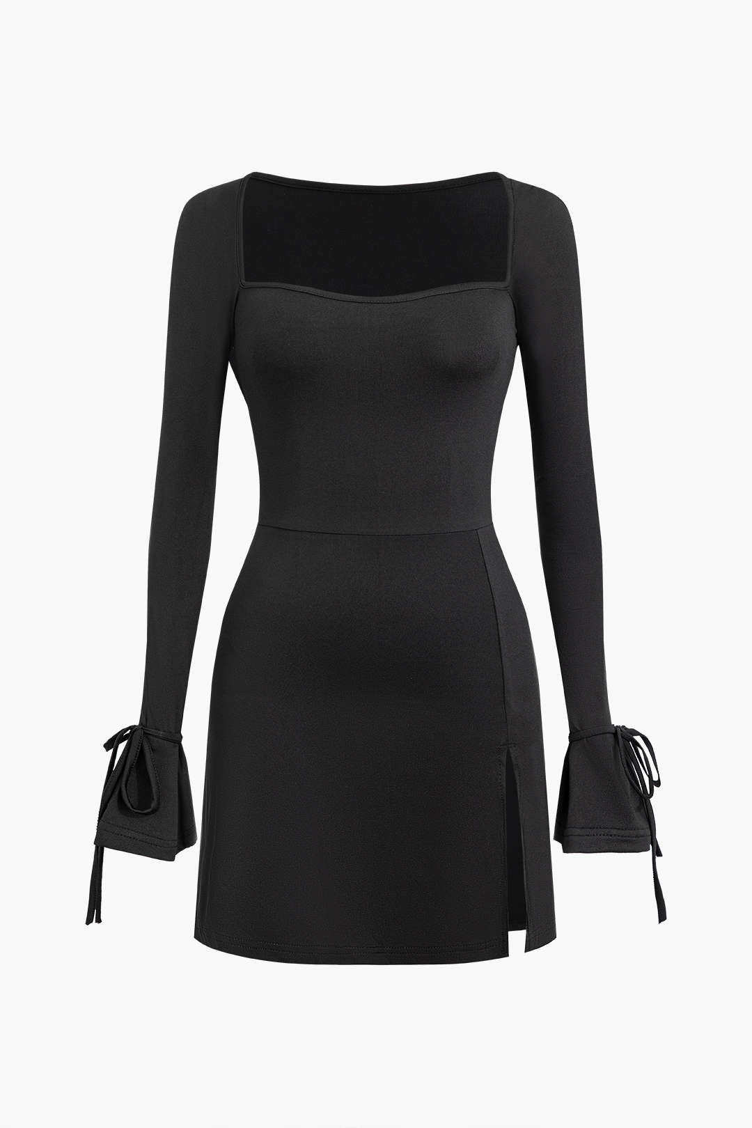 Solid Long Sleeve Slit Tie-Up Mini Dress