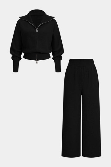 Knit Zipper Long-Sleeve Hoodie And Shirred Waistband Zipper Wide Leg Pants Set