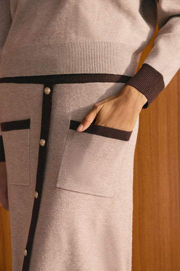 Knit Contrast V-Neck Long-Sleeve Top And Button Skirt Set