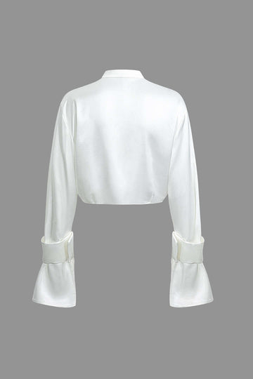 Mock Neck Button Up Bell Sleeve Crop Shirt And Mini Skirt Set