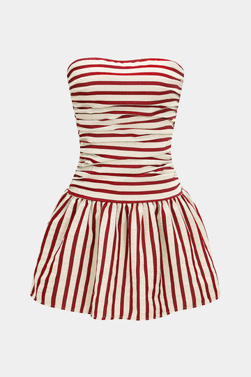 Stripes Print Smocked Strapless Backless Sleeveless Mini Dress