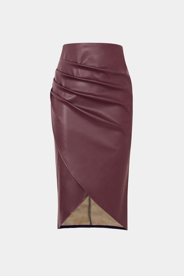 Faux Leather Wrap Ruched Midi Skirt