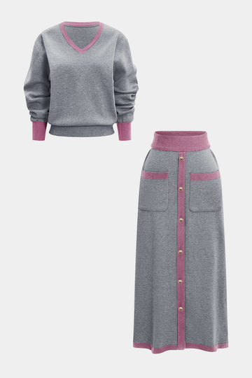 Knit Contrast V-Neck Long-Sleeve Top And Button Skirt Set