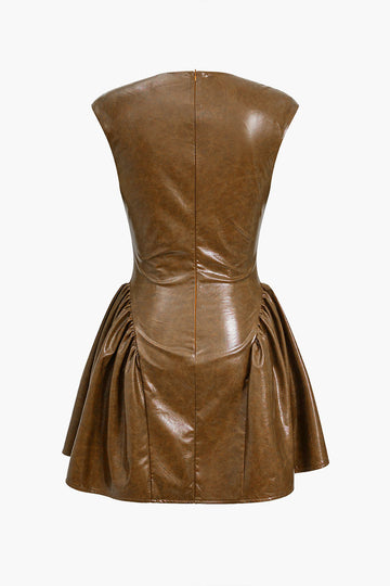 Faux Leather V-neck Ruched Mini Dress