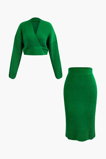 V-neck Long Sleeve Sweater And Skirt Set