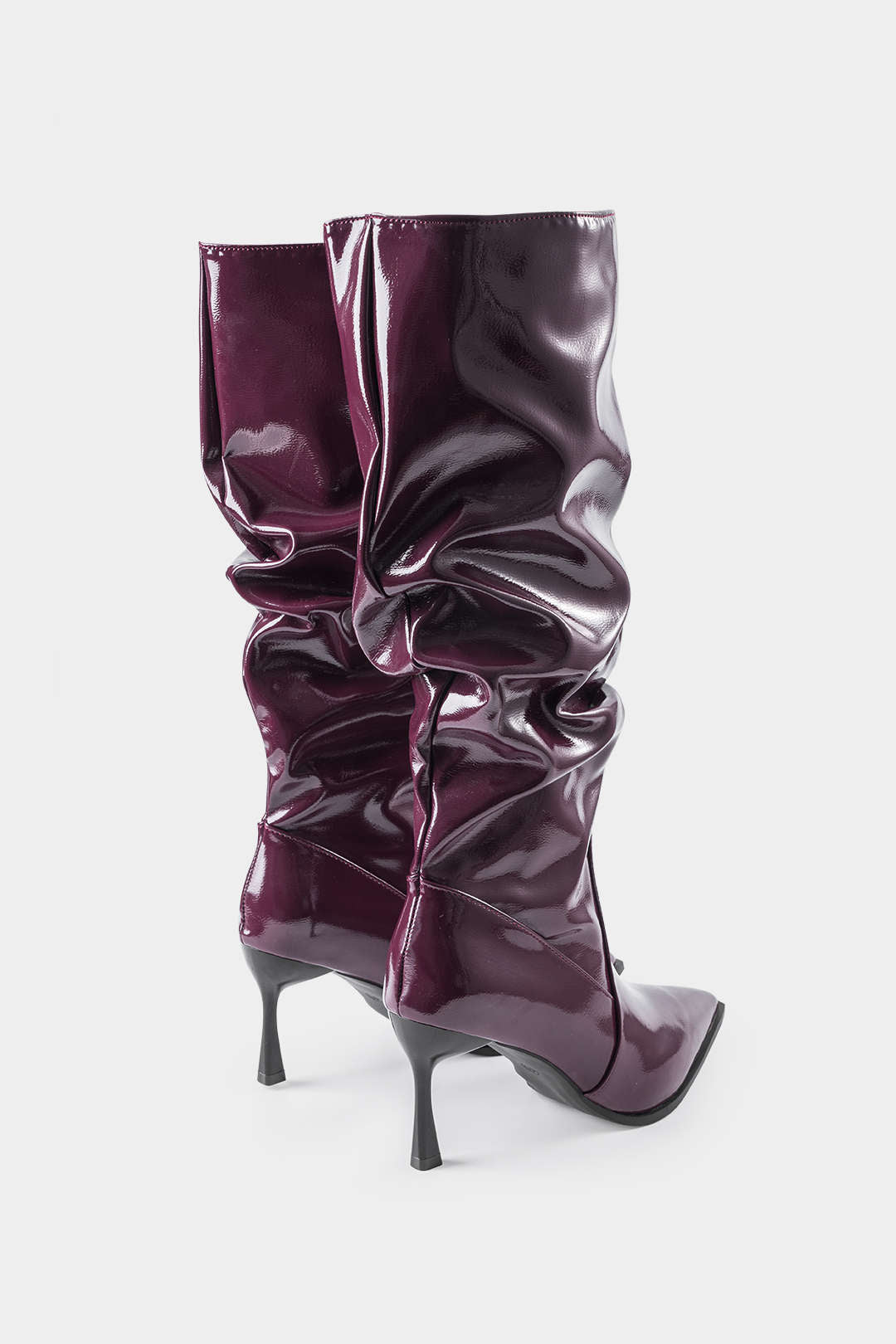 Faux Leather Ruched Pointed Toe Knee High Boots