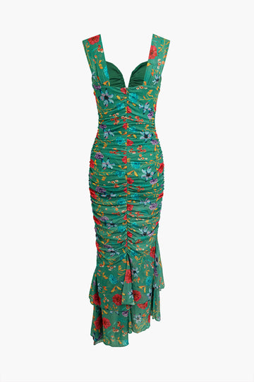 Floral Print Cut Out Ruched Midi Dress